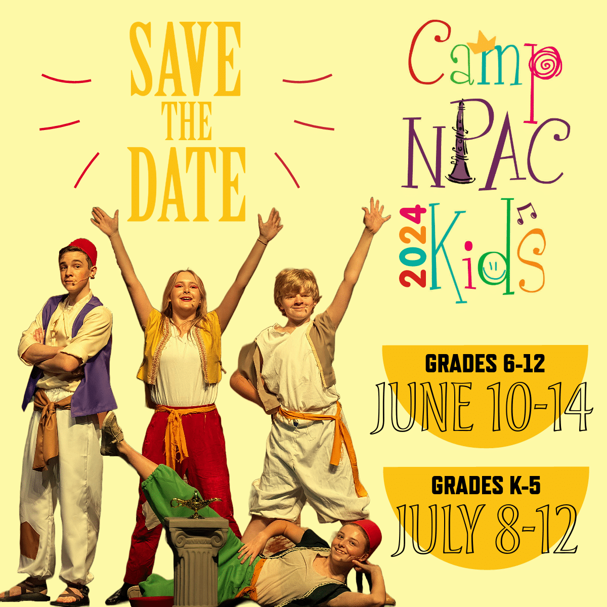 Kids Camp save the date promotional photo - Save The Date - Camp NPAC 2024 Kids - Grades 6-12: June 10-14; Grades K-5: July 8-12